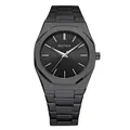 Minimalist black alloy quartz watch for men with octagonal bezel and butterfly clasp - Men / Black White Hands