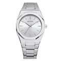 Men's silver minimalist quartz watch with octagonal bezel and metal link bracelet - Men / Silver White