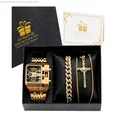 Coffret cadeau montre Oulm dorée pour homme avec bracelet gourmette et collier croix - 3364 Style Noir en Grande Boîte