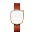 Reloj de cuarzo minimalista con forma de guijarro, esfera blanca y correa de cuero marrón - Caja Oro Rosa Esfera Blanca(T077-6)
