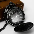 Klassische schwarze polierte Taschenuhr mit Klappdeckel römischen Ziffern und Kette - Schwarz Polierte Römische Ziffern Halskette