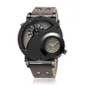 Miler men's fashion quartz watch with unique dual-dial design and brown canvas strap - Gray