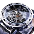 Gros plan d'une montre mécanique squelette pour homme avec lunette en strass - Cadran Noir Lunette Argentée