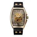 Detailed close-up of bronze tonneau skeleton mechanical watch with leather rivet strap - Standard Skeleton / Black
