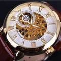 Forsining luxury skeleton mechanical watch with brown leather strap and gold case - Skeleton Style / A099 / Gold Case White Dial Coffee Strap