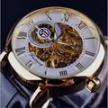Forsining men's automatic skeleton mechanical watch with gold case and Roman numeral dial - Skeleton Style / A099 / Gold Case White Dial Black Strap
