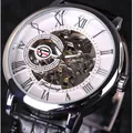 Orologio meccanico scheletrato di lusso da uomo con numeri romani e cinturino nero - Stile Scheletrato / A099 / Cassa Argento Quadrante Bianco Cinturino Nero