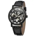Winner men's retro skeleton mechanical watch with Roman numerals and black leather strap - Men Black Dial Black Case Black Strap