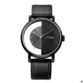 Minimalist black TOMI watch with unique semi-transparent dial and leather strap - Black Dial Black Leather Strap