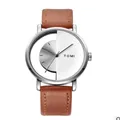 TOMI minimalist semi-hollow wristwatch with brown leather strap and silver case - Silver Dial Brown Leather Strap