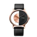 Minimalist TOMI hollow design quartz watch with black leather strap and rose gold case - Black & Brown Dial Black Strap