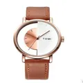 TOMI minimalist watch with brown leather strap and rose gold asymmetric dial - White Brown Dial Brown Leather Strap
