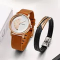 Orologio al quarzo TOMI con quadrante traforato e set di bracciali in pelle oro rosa - Cassa Oro Rosa Cinturino Marrone Quadrante Bianco con Bracciale