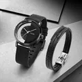 Orologio scheletrato nero minimalista TOMI e set bracciale in pelle coordinato unisex - Quadrante Nero Cassa Nera Cinturino Nero con Bracciale