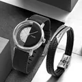 Orologio TOMI con quadrante cavo minimalista e set di bracciali in pelle nera - Quadrante Bianco e Nero Cinturino Nero con Bracciale