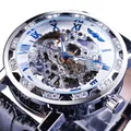 Montre mécanique squelette T-Winner pour homme avec lunette en strass et chiffres bleus. - Cadran Blanc Lunette Argentée