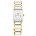 Elegant rectangular quartz watch for women featuring gold and white ceramic strap detail - Women Gold White
