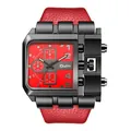 Reloj de cuarzo Oulm cuadrado extragrande para hombre con esfera roja y correa de cuero roja - Rojo