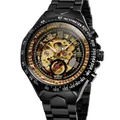 Reloj mecánico automático WINNER para hombre con esfera dorada y correa de acero negro - Banda Negra Esfera Oro Negro