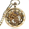 Montre à gousset mécanique dorée classique avec cadran squelette et sa chaîne - Or