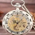 Élégante montre à gousset mécanique squelette argentée avec engrenages dorés et chaîne - Argent