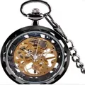Montre à gousset mécanique squelette noire vintage avec chaîne pour homme et femme - Métal canon