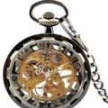 Montre à gousset mécanique semi-automatique squelette en bronze vintage avec chaîne - Marron