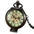 Montre à gousset mécanique squelette vintage avec boîtier double clapet et chiffres romains - Noir