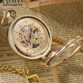 Montre de poche mécanique dorée avec cadran squelette et double clapet de protection - Or