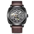 Professionelle BENYAR Skelett Automatik Herrenuhr mit luxuriösem braunem Lederarmband - BENYAR 5121 Automatischer Mechanischer Stil / Schwarzes Gehäuse Graues Zifferblatt Kaffeefarbenes Lederarmband (BY-5121)