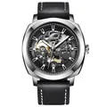 Benyar automatic mechanical watch for men featuring a skeleton dial and black leather strap - BENYAR 5121 Automatic Mechanical Style / Silver Case Black Dial Black Leather Strap (BY-5121)