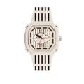 Fashionable cream women's watch featuring octagonal dial and black striped silicone strap - Brown