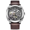 Benyar men's luxury skeleton automatic mechanical watch with stylish brown leather strap - BENYAR 5121 Automatic Mechanical Style / Silver Case Gray Dial Coffee Leather Strap (BY-5121)
