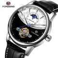 FORSINING automatic mechanical men's watch with moon phase and black leather strap - Silver Case Black and White Dial Black Strap