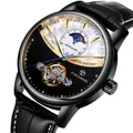 FORSINING automatic mechanical watch for men with black leather strap and moon phase function - Black Case Black Gold Text Black Strap