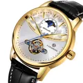 Gold-tone automatic mechanical men's watch with moon phase and black leather strap - Gold Case White Dial Black Strap