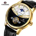 Luxury FORSINING automatic mechanical watch with moon phase and black leather strap - Gold Case Black White Dial Black Strap