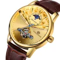 Forsining luxury automatic mechanical men's watch with moon phase and leather strap - Gold Case Gold Dial Brown Strap