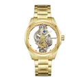 Front view of a gold skeleton mechanical watch showing complex internal gears - Full Gold Color
