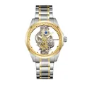 Vue de face d'une montre squelette bicolore pour homme avec mouvement mécanique automatique - Or & Argent
