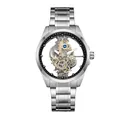 Vue détaillée d'une montre mécanique automatique squelette pour homme en acier inox - Argent