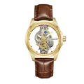 Detailed view of a gold skeleton mechanical watch with brown crocodile leather strap - Brown Leather Gold Frame