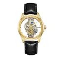Men's luxury skeleton automatic mechanical watch with gold case and black leather strap - Black With Gold Frame