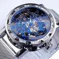 Montre mécanique squelette pour homme avec lunette en strass et bracelet en maille argentée - Boîtier Argent Squelette Bleu