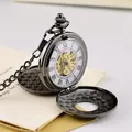 Montre à gousset mécanique rétro noir de tungstène avec double couvercle ajouré - Noir avec cadran blanc