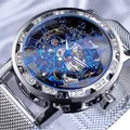 Reloj mecánico de esqueleto para hombre con engranajes azules, bisel de strass y malla de plata - Banda de Plata Esfera Azul