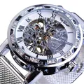 Montre mécanique squelette Winner pour homme avec bracelet en maille et cristaux - Boîtier Argenté Cadran Blanc