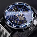 Montre mécanique Winner pour homme avec cadran bleu, bracelet en maille et strass - Bracelet Noir Boîtier Noir Cadran Bleu