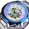 Orologio meccanico automatico scheletrato da uomo in argento con lunetta blu e cinturino - Quadrante Bianco Argento