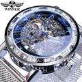 Montre mécanique squelette Winner pour homme avec bracelet en maille argentée et strass - Boîtier Argent Cadran Intérieur Bleu